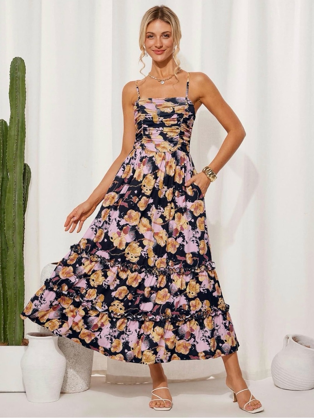 Grace Karin Summer Ruched Torso Ruffle Tiered Floral Midi Dress w Pockets